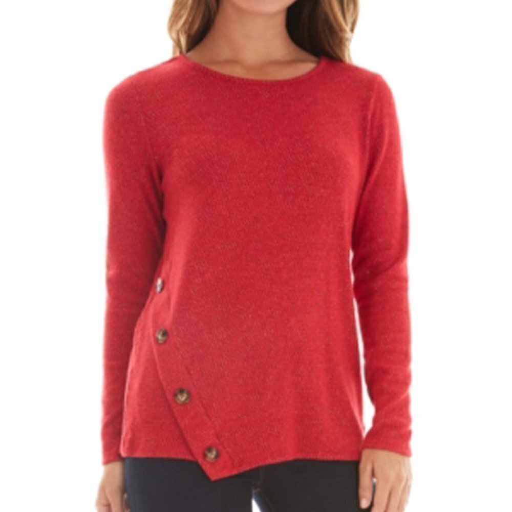 𝅺JR221 Bcx Red Juniors' Asymmetrical Button-Detail Sweater Size S